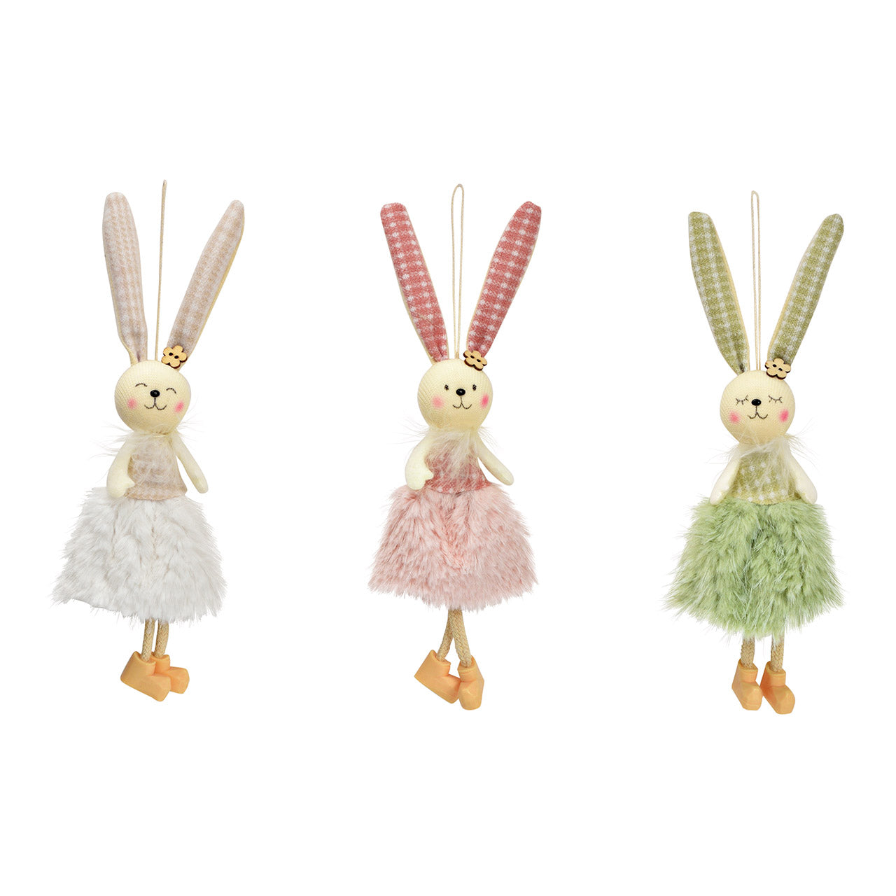 Hangend konijntje met fluffy jurkje van textiel groen, roze en wit