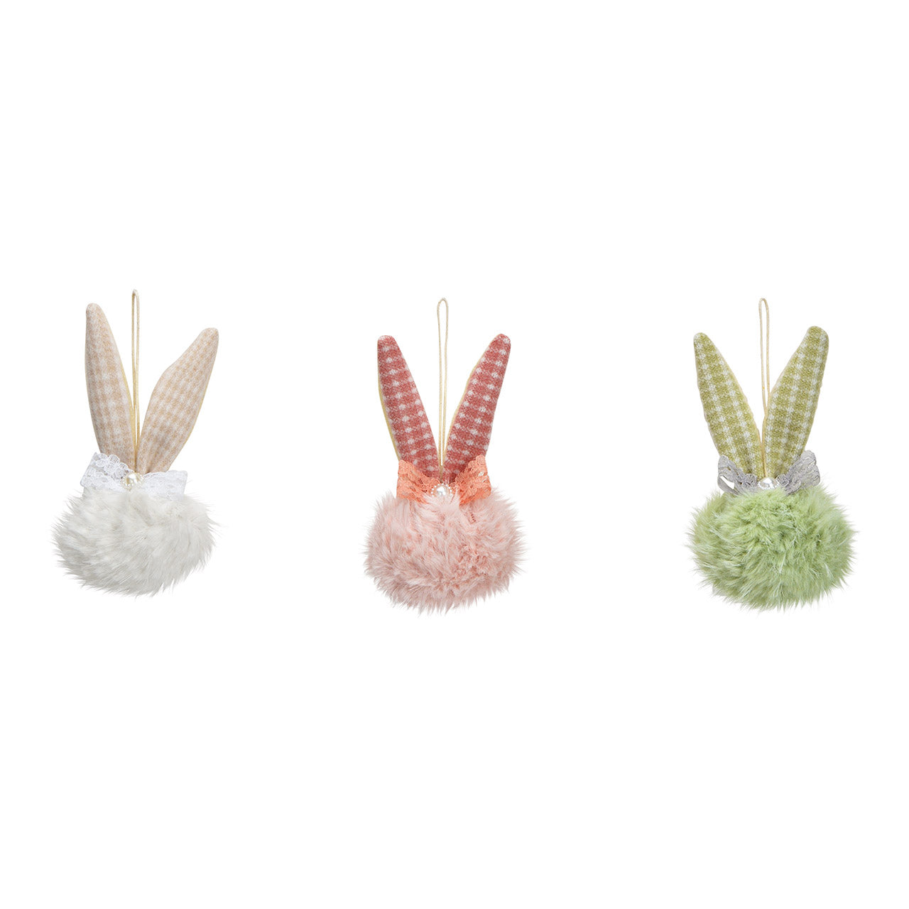Hangende konijnenoren van textiel groen, roze en wit