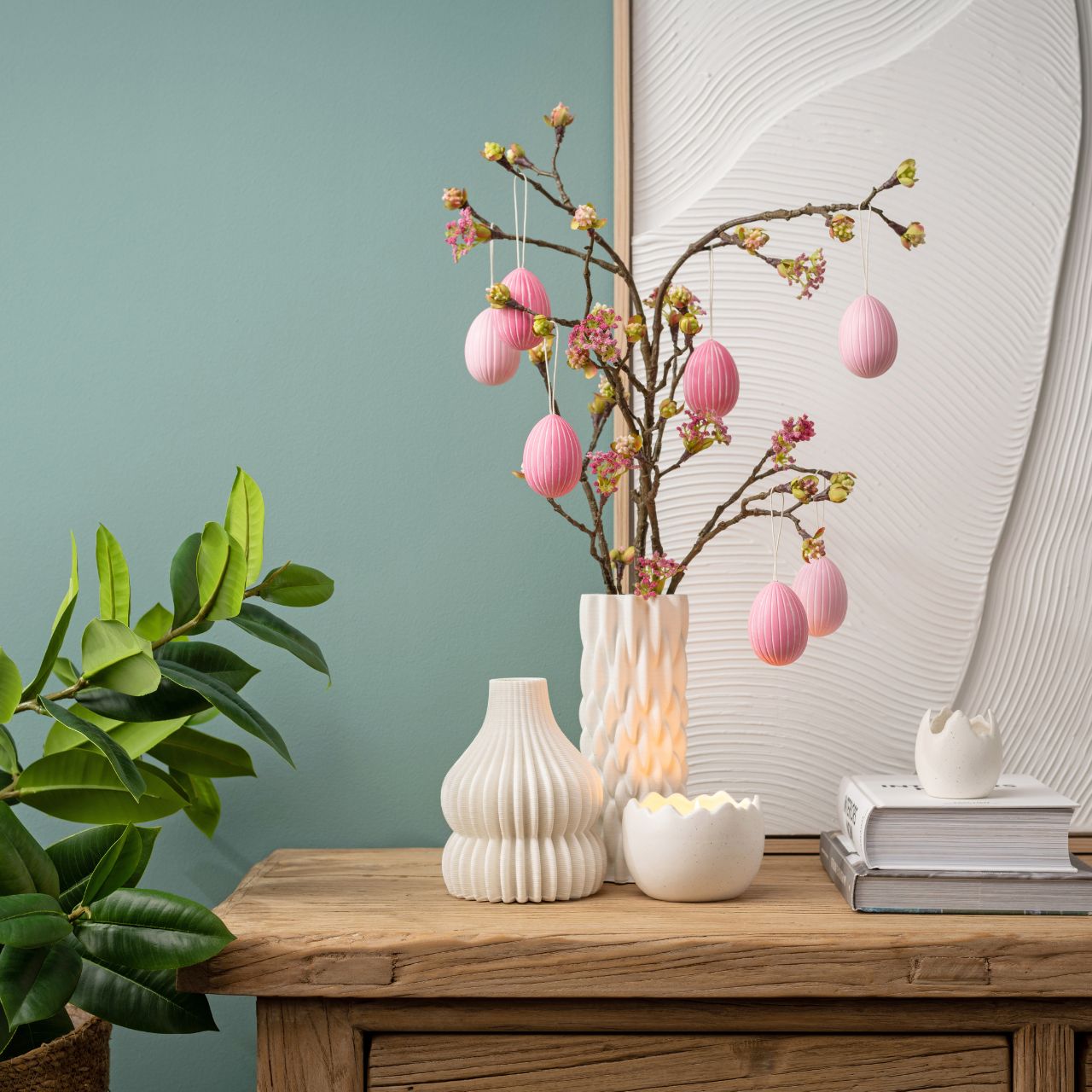 Paaseierenhanger groen/geel/roze plastic