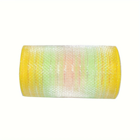 Iriserende deco stof gestreept geel groen beige